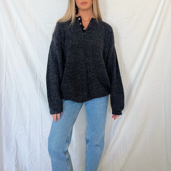 Vintage Sweaters - Vintage Charcoal Waffle-knit Henley Sweater